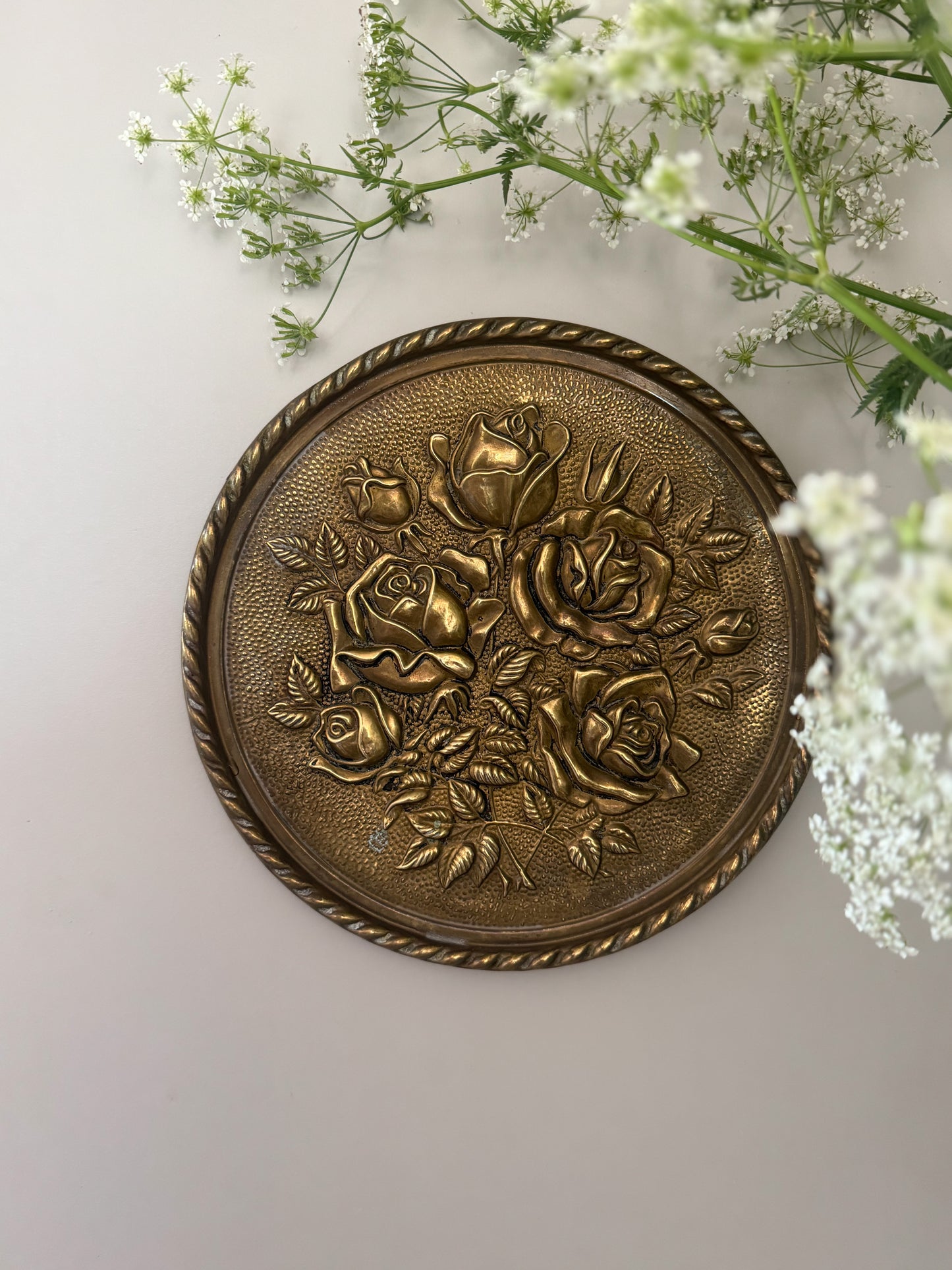 Vintage Brass Wall Plate – Raised Rose Motif