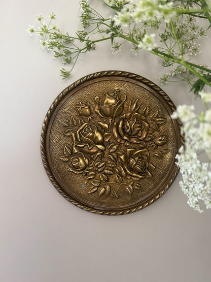 Vintage Brass Wall Plate – Raised Rose Motif