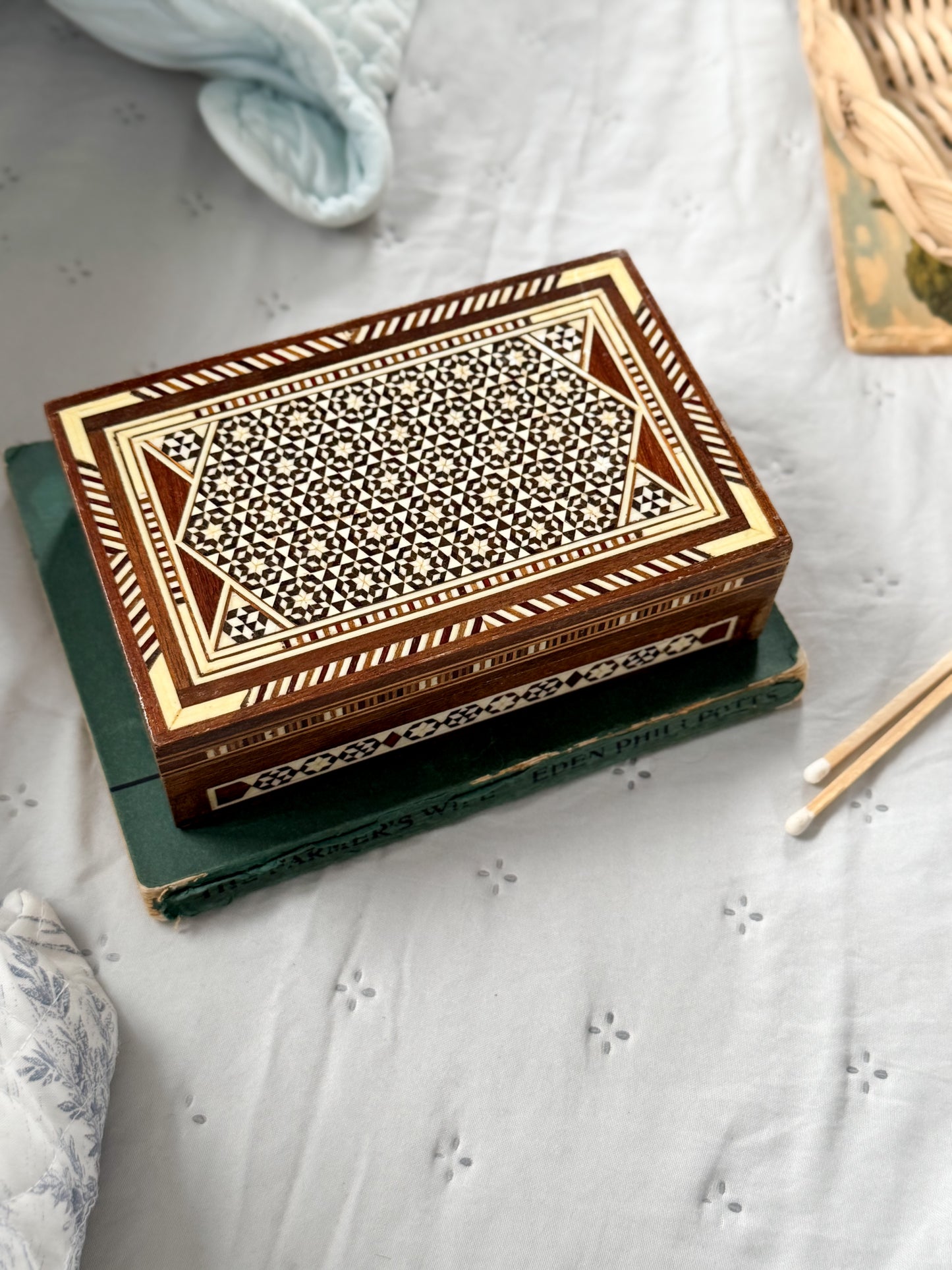 Vintage Inlaid Trinket Box with Mother of Pearl | Red Velvet Lined