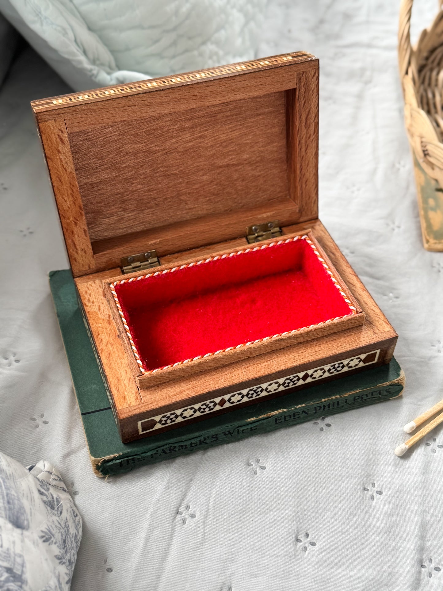 Vintage Inlaid Trinket Box with Mother of Pearl | Red Velvet Lined