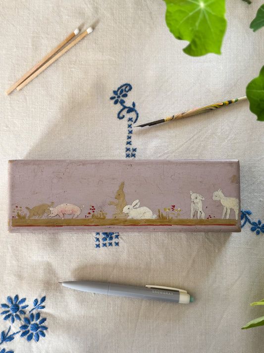 Vintage Hand-Painted Folk Art Wooden Pencil Case – Child’s Keepsake Box