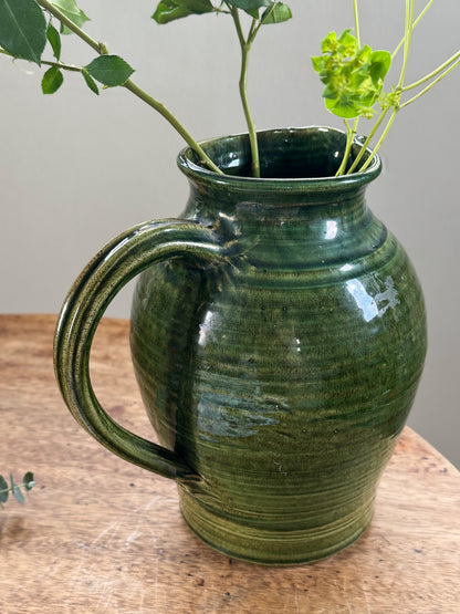 Unique Large Vintage Olive Green Glazed Studio Pottery Jug