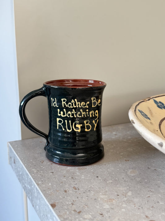 Vintage Handmade Slipware Mug – “I’d Rather Be Watching Rugby”