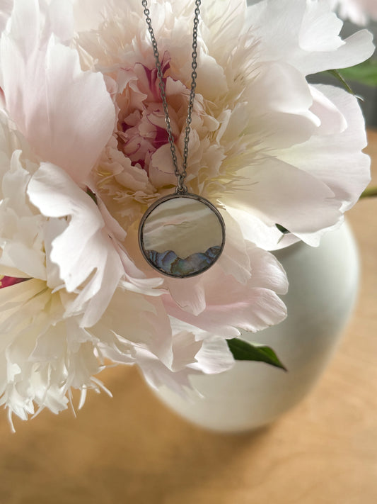 Vintage Silver-Plated Necklace, Mother of Pearl and Paua Shell Mountain Scene