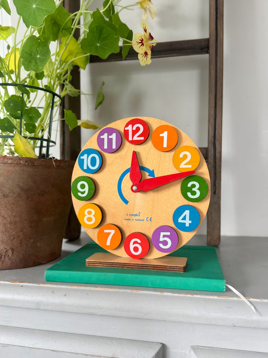 Vintage Midcentury Wooden Learning Clock by Simplex, Made in Holland