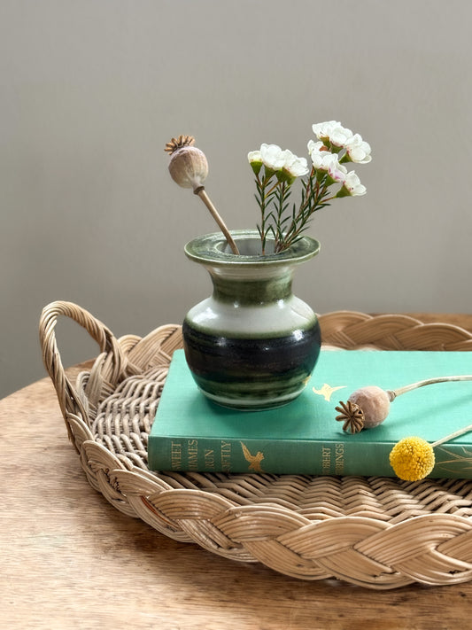 Vintage Studio Pottery Bud Vase, Olive Green Painterly Stripes