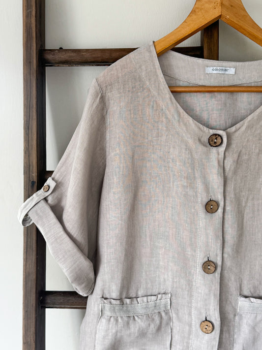 Colorie Paris 100% Linen Button-Up Top, Soft Grey, Size M-L