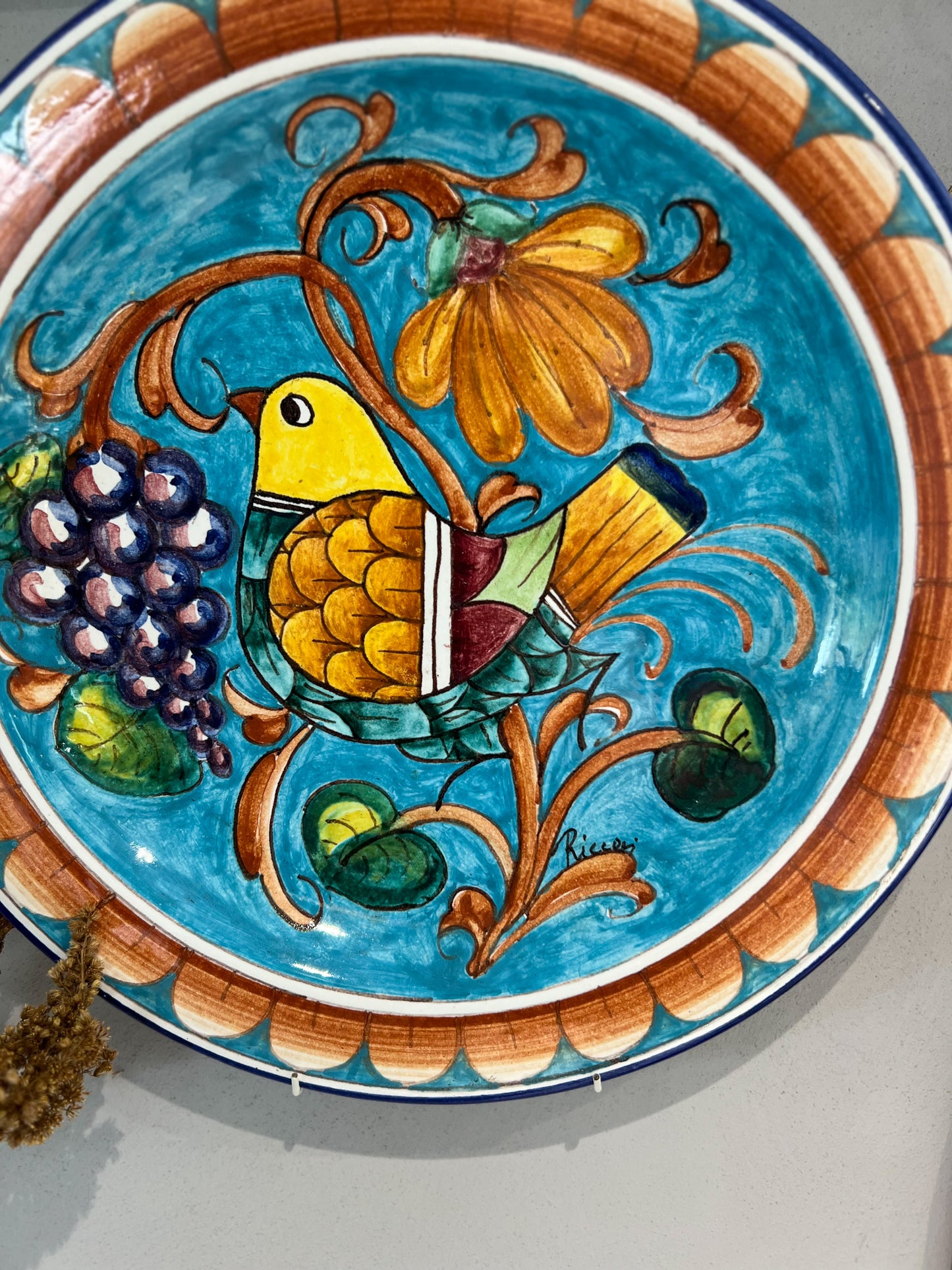 Vintage Ricceri Ceramics, Florence Italy, Hand-Painted Glazed Birds & Flowers Wall Plate