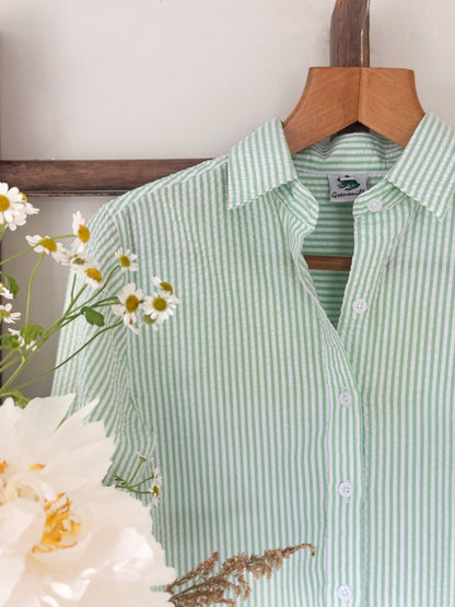 Vintage Pastel Green Stripe Seersucker Shirt, by Grenville, Size S, 100% Cotton