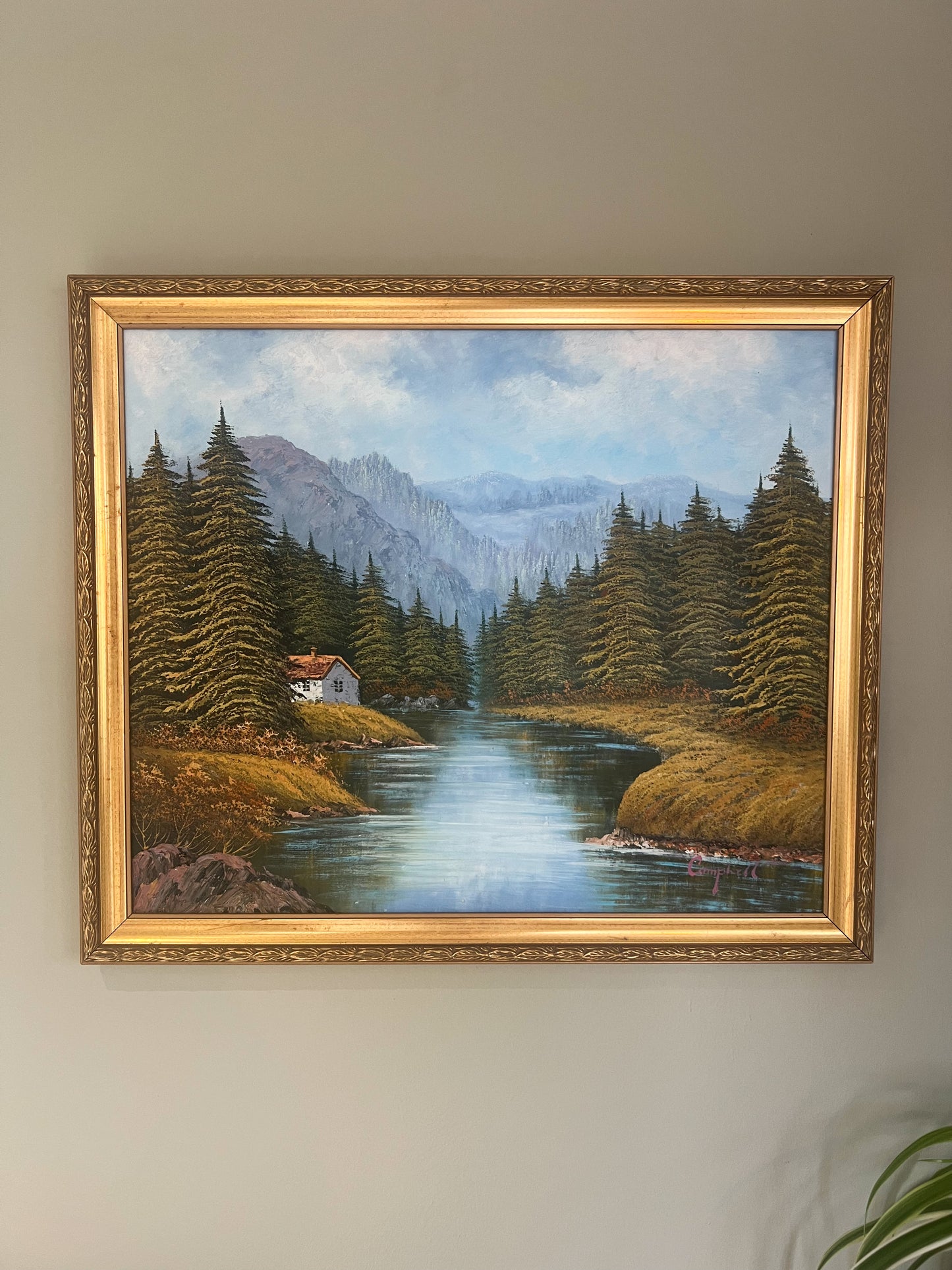 Framed Oil on Canvas, Riverside Cottage, Signed Campbell