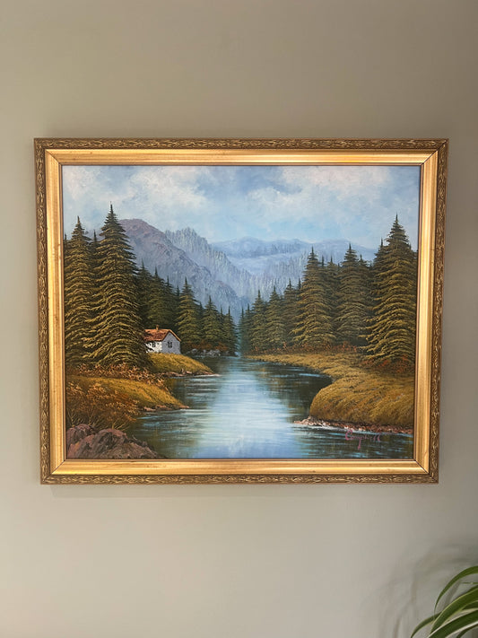 Framed Oil on Canvas, Riverside Cottage, Signed Campbell